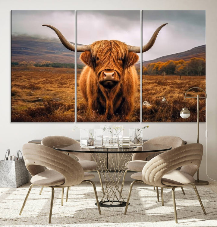 Highland Cow Longhorn Canvas Print, framed, on a wooden wall.