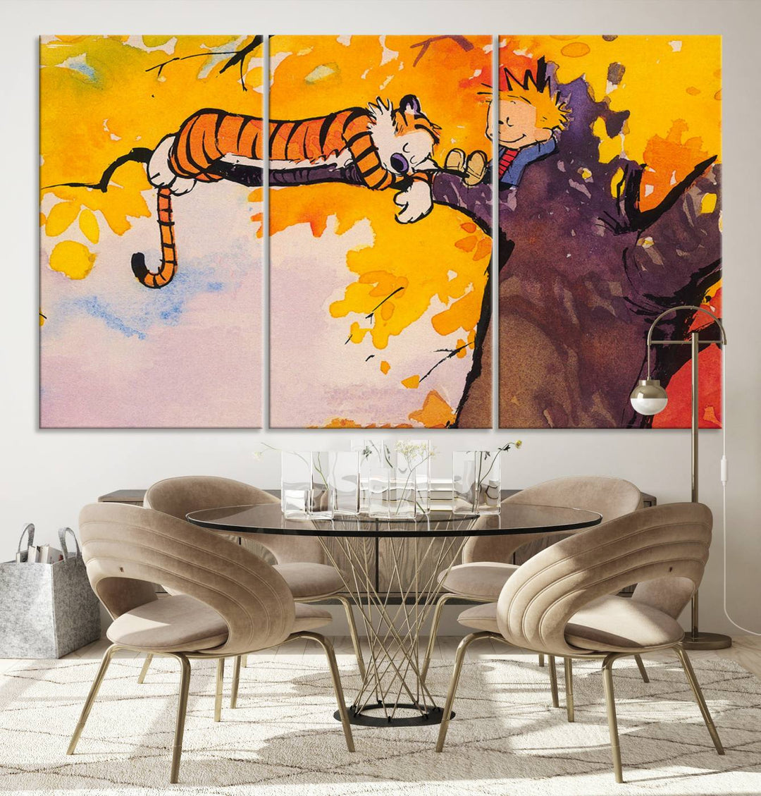 Premium canvas Calvin Wall Arts featuring a boy and tiger relaxing on a branch.