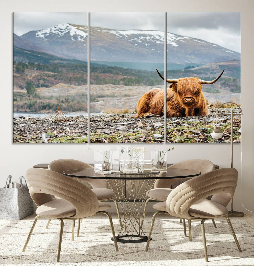 Highland Cow Horn Farm Wall Art Canvas Print is displayed against a wooden wall featuring a mountainous backdrop.