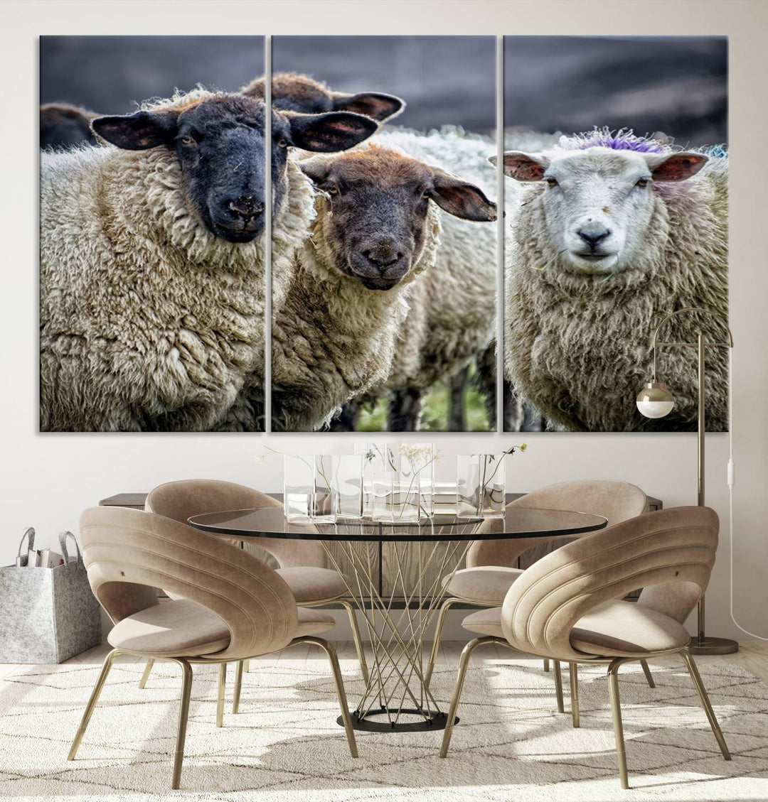 The Charming Sheep Portrait Wall Art hangs on a wooden wall.