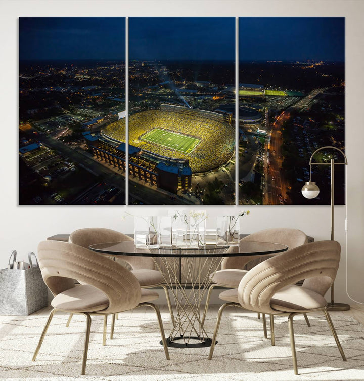 Aerial view of Michigan Stadium nightlife on canvas – Framed, ready-to-hang sports arena wall art.