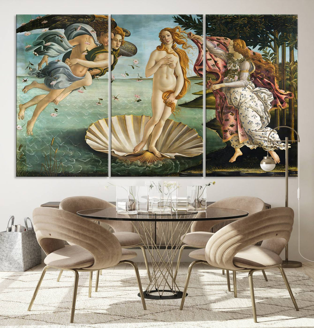 A canvas print of Botticellis The Birth of Venus is displayed on the wall.