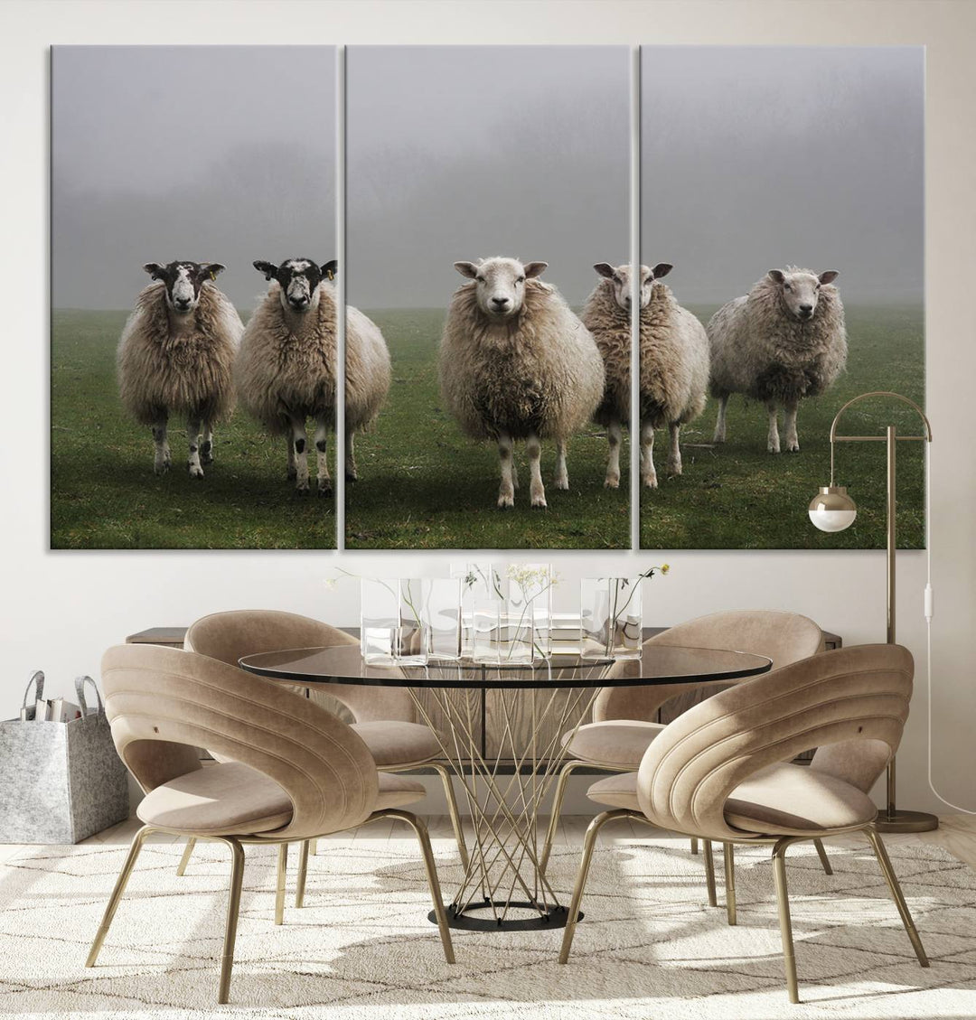 The Flock of Sheep in a Mystical Fog canvas print is framed and ready to hang.