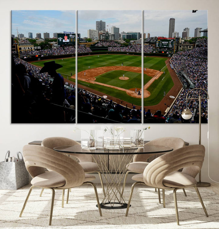 Admire this museum-quality canvas print of a Chicago Cubs game with a cityscape view from the stands at Wrigley Field.