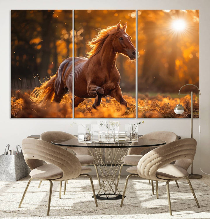 The Running Horse Sunset Forest Wall Art Canvas Print showcases a gallop in an autumn forest with sunlight streaming through the trees.