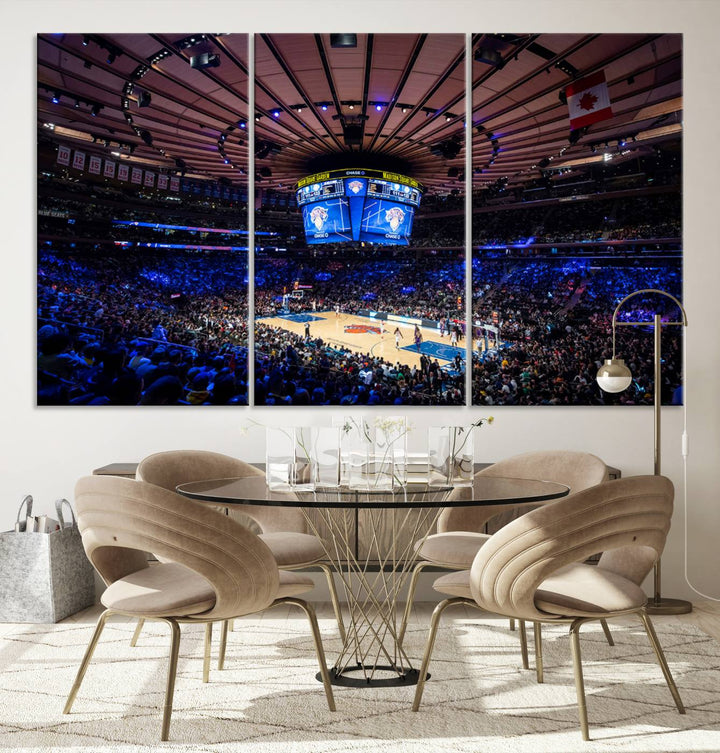 A print depicting an NBA game at Madison Square Garden, highlighting the scoreboard.