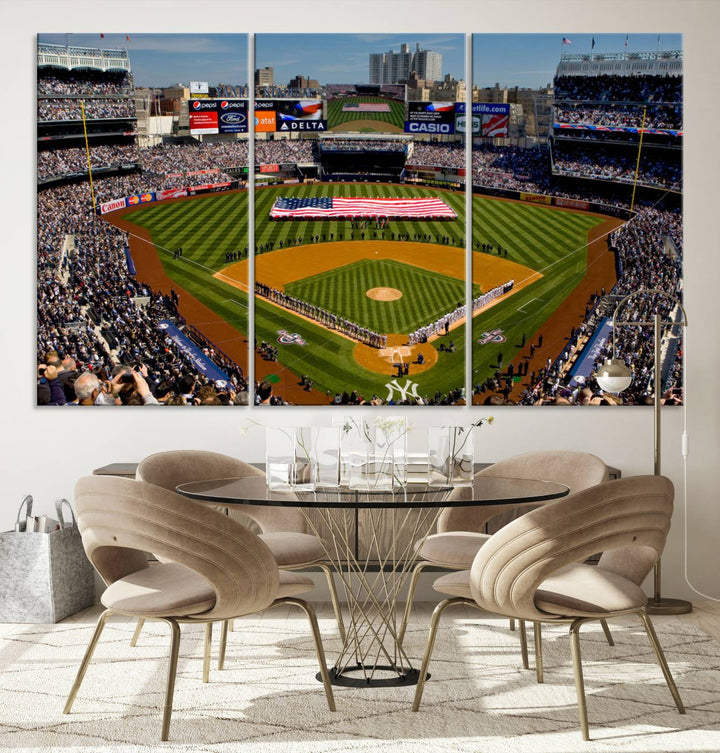 The Yankee Stadium New York wall art print features a vibrant scene of baseball fans with a large flag and players, expertly capturing the spirit of the game. This ready-to-hang décor is perfect for adding a dynamic touch to any space.