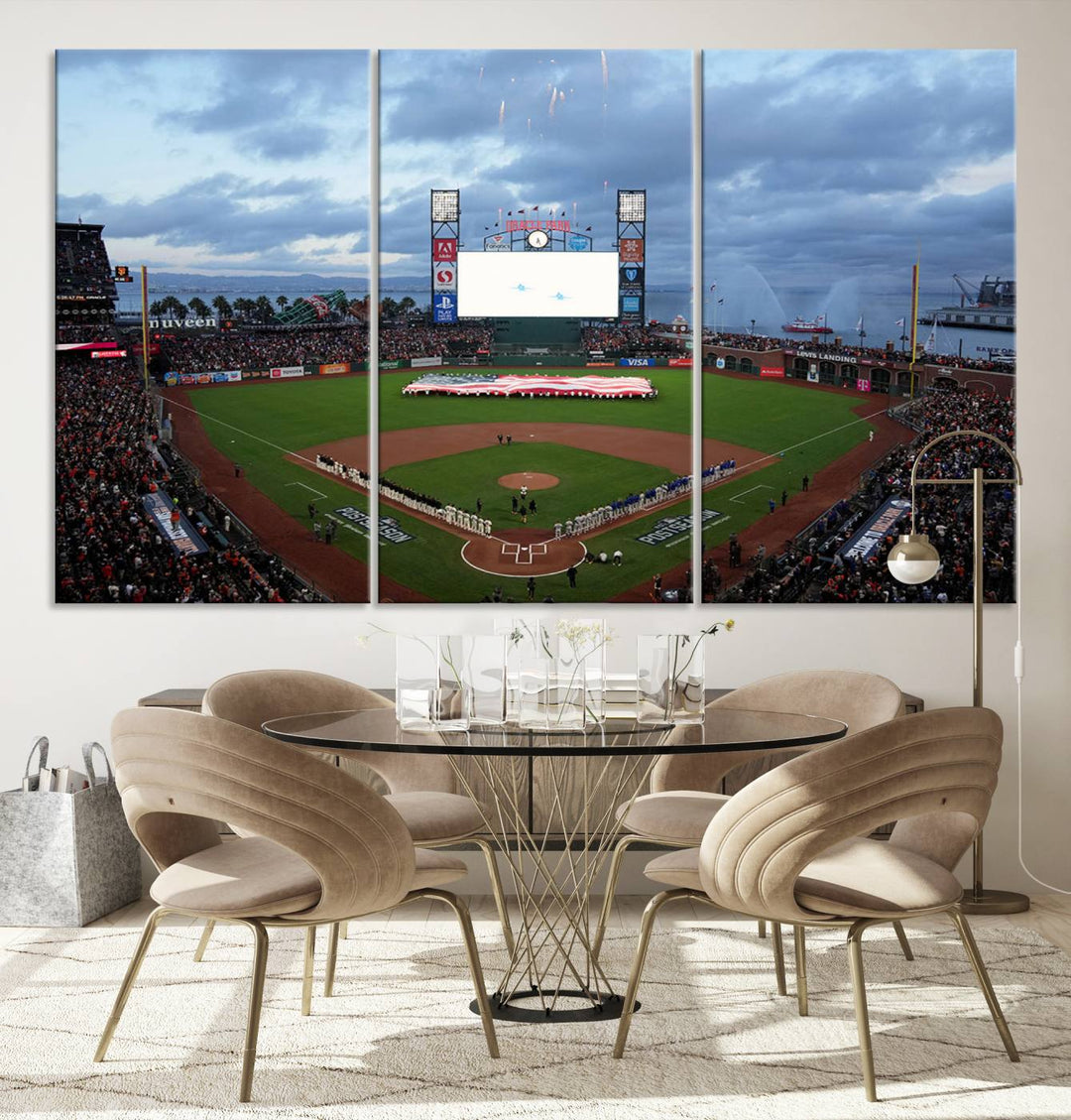 This framed 3-panel canvas MLB wall art features a giant flag and fans under a cloudy sky at Oracle Park.