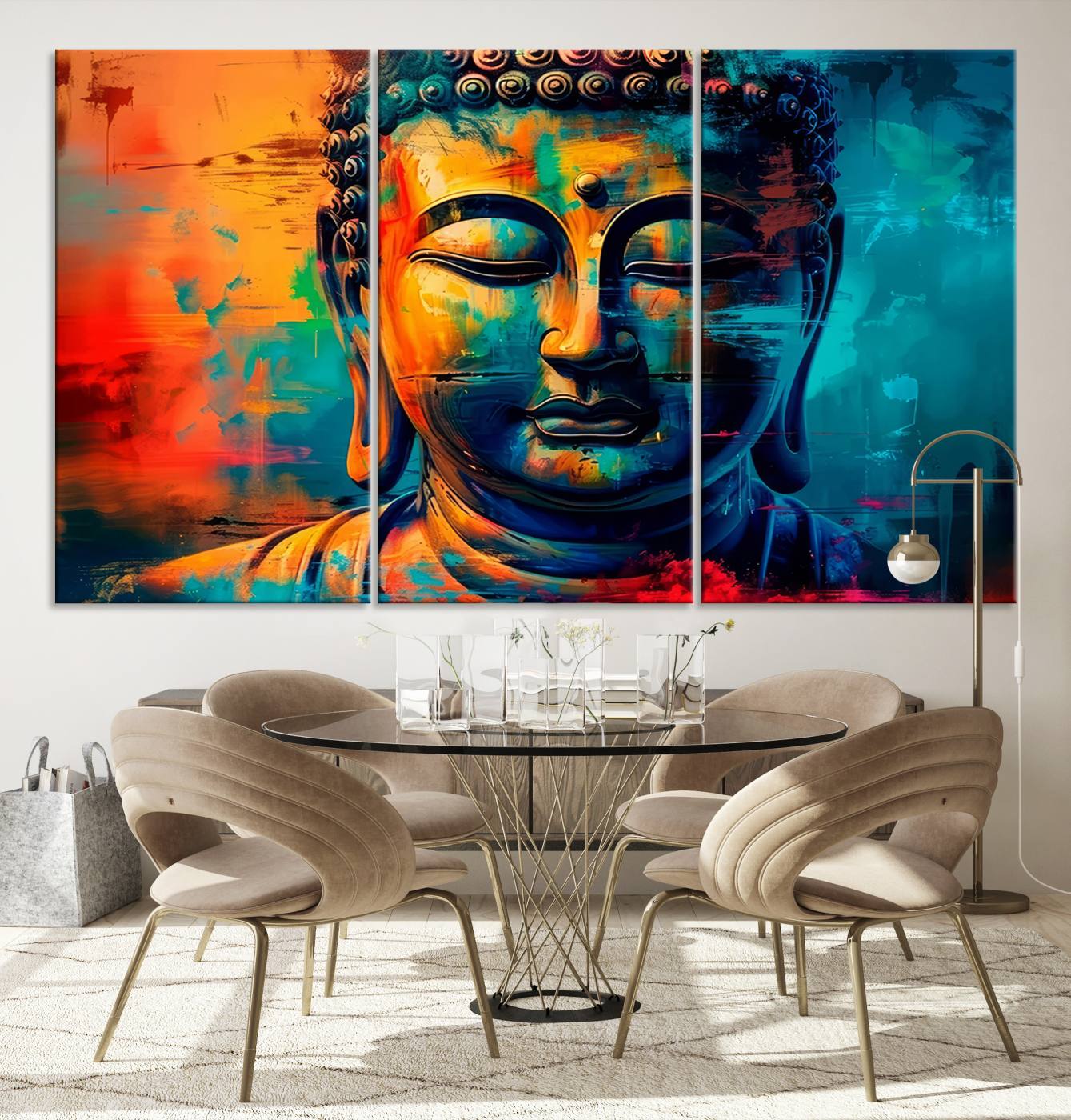 A vibrant, abstract artistic rendition of a Buddha statue face, blending bold and contrasting colors to evoke a sense of peace, spirituality, and enlightenment.