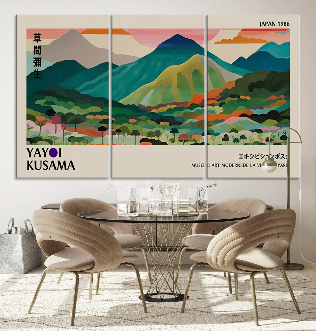 Vibrant Kusama landscape canvas featuring floral mountains and botanical decor, ideal for a modern home.