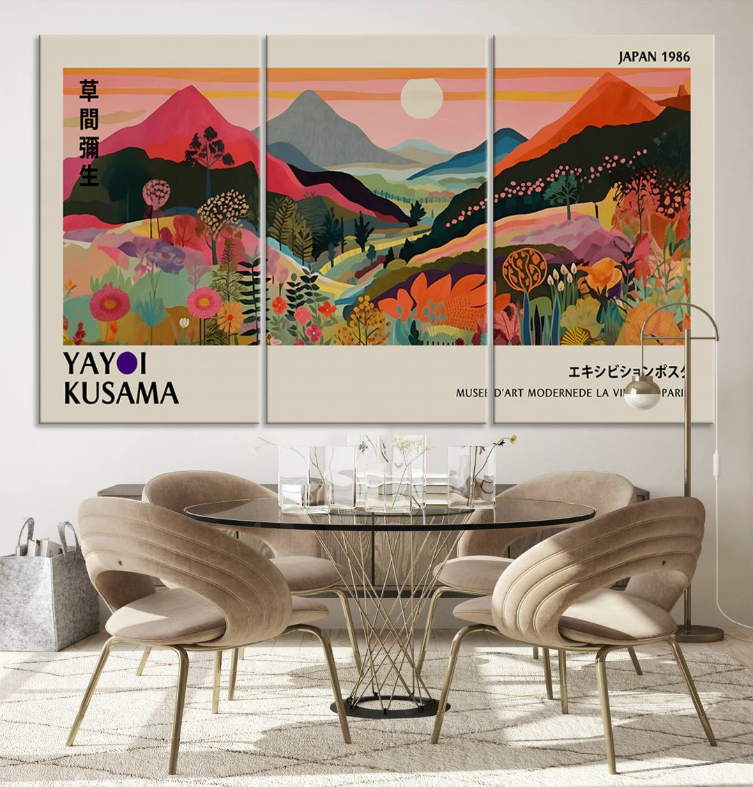 The Yayoi Kusama Landscape Print features vibrant floral mountains with abstract designs, ideal for modern decor.