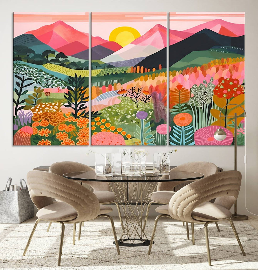 Vibrant abstract landscape canvas: Yayoi Kusama 1986 wall art print featuring mountains, sun, and flowers. Ready-to-hang.