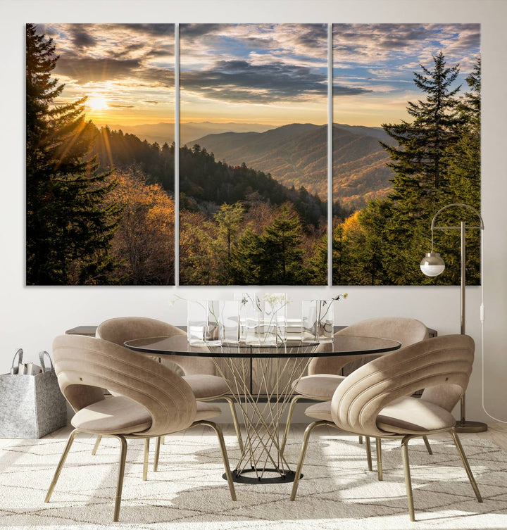 The dining area is beautifully decorated with the Sunrise Over the Smoky Mountains Canvas Wall Art – a breathtaking scenic landscape photography in a stunning triptych that's ready to hang.