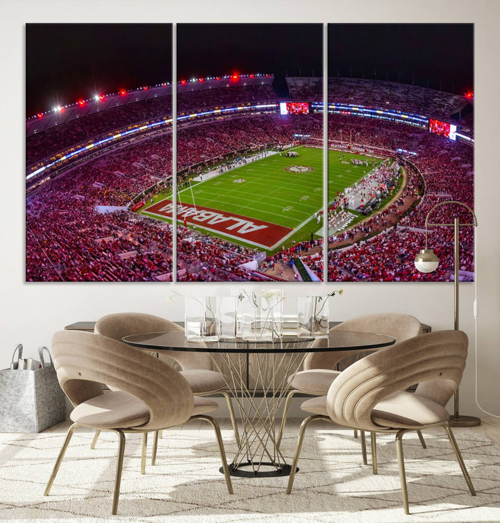 The living room features a Bryant-Denny Stadium Night Game Triple Canvas Wall Art.