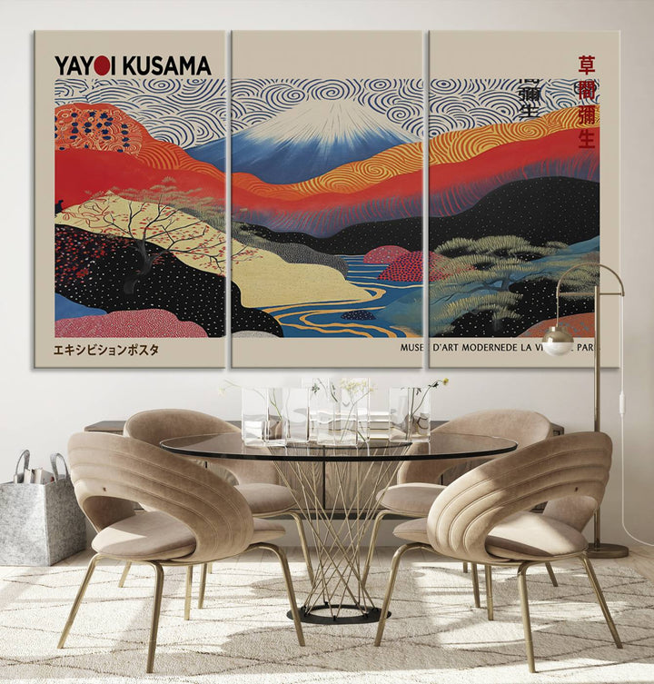 A framed Yayoi Kusama 1986 wall art print, showcasing vibrant abstract landscapes with a Wabi Sabi influence, is prominently displayed as a Japanese wall art piece.