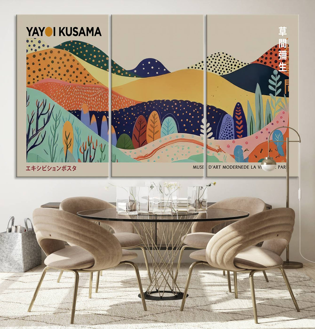 A vibrant Yayoi Kusama abstract print adorns the space.