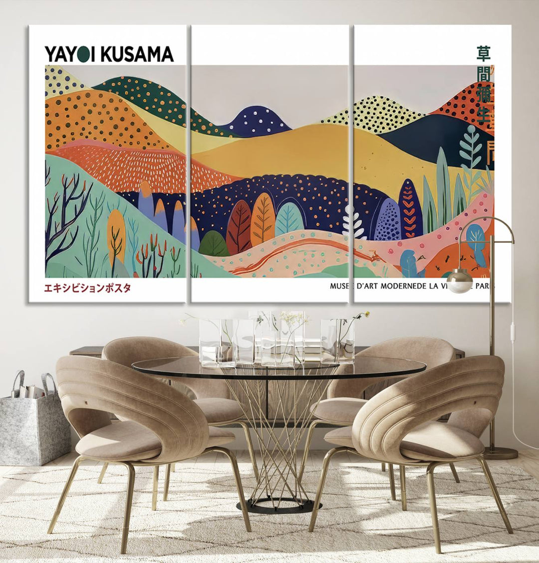 A triptych featuring the Framed Yayoi Kusama 1986 Wall Art Print hangs above. This Japanese Wabi Sabi inspired piece, rich in vibrant abstract landscapes, adds an elegant touch to any nature-inspired décor.