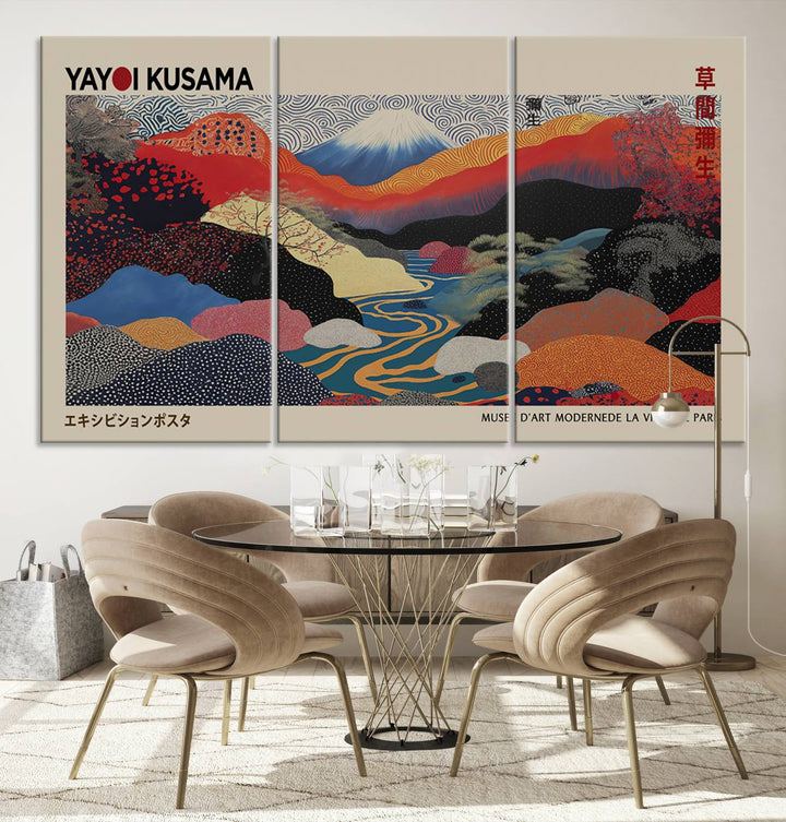 The room showcases Kusamas 1986 vibrant abstract landscape wall art print.