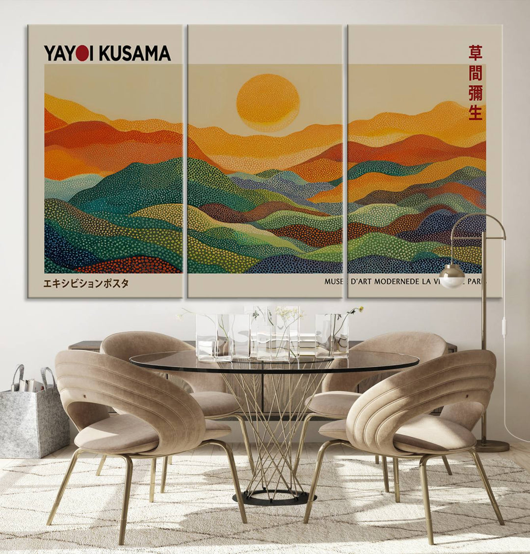 The vibrant abstract landscape depicted in the three-panel "Framed Yayoi Kusama 1986 Wall Art Print" seamlessly integrates nature-inspired décor.