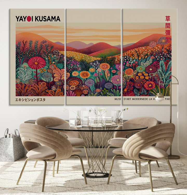 The room is adorned with a triptych artwork depicting colorful flowers and hills, incorporating the "Framed Yayoi Kusama 1986 Wall Art Print" – a vibrant abstract landscape canvas print that blends Japanese Wabi Sabi themes into contemporary nature-inspired décor.