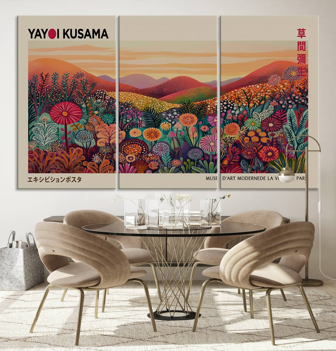 A framed Yayoi Kusama abstract landscape art print adorns the wall.