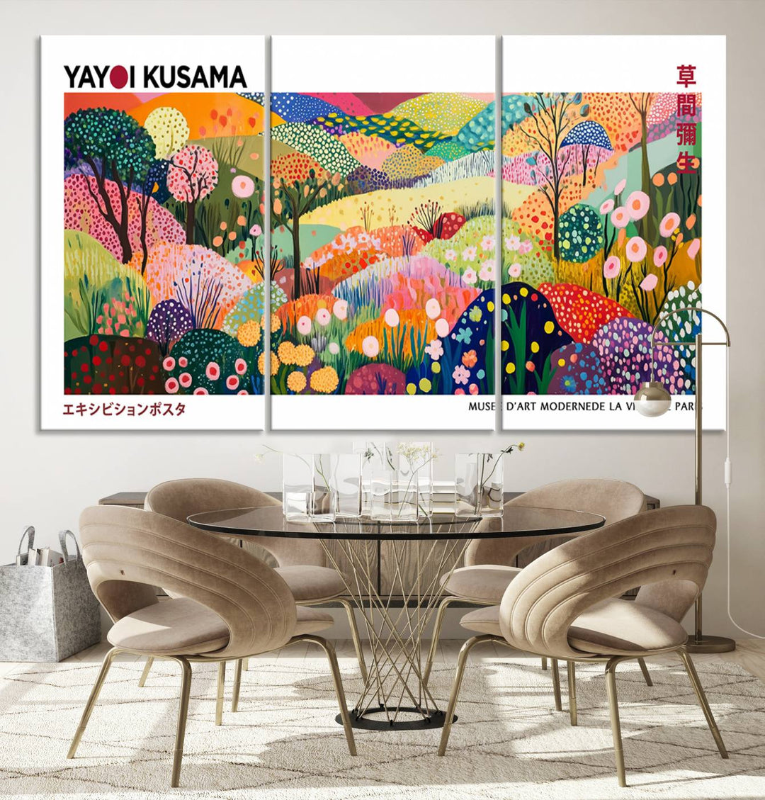 Three vibrant, abstract Yayoi Kusama wall art prints adorn a black wall, creating a perfect blend of contemporary décor.