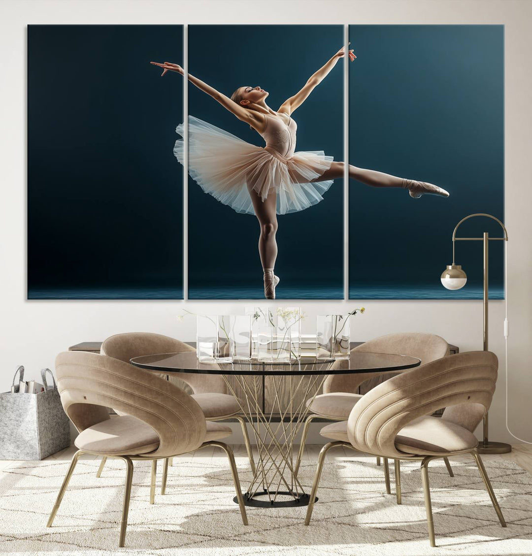 This stunning Ballerina Canvas Wall Art Print captures the elegance of a ballet dancer in motion, beautifully highlighted against a stage-like backdrop with delicate decor and natural elements. As graceful dance-inspired wall decor, it adds an element of grace and movement to any living room, office, or bedroom and is ready to hang.