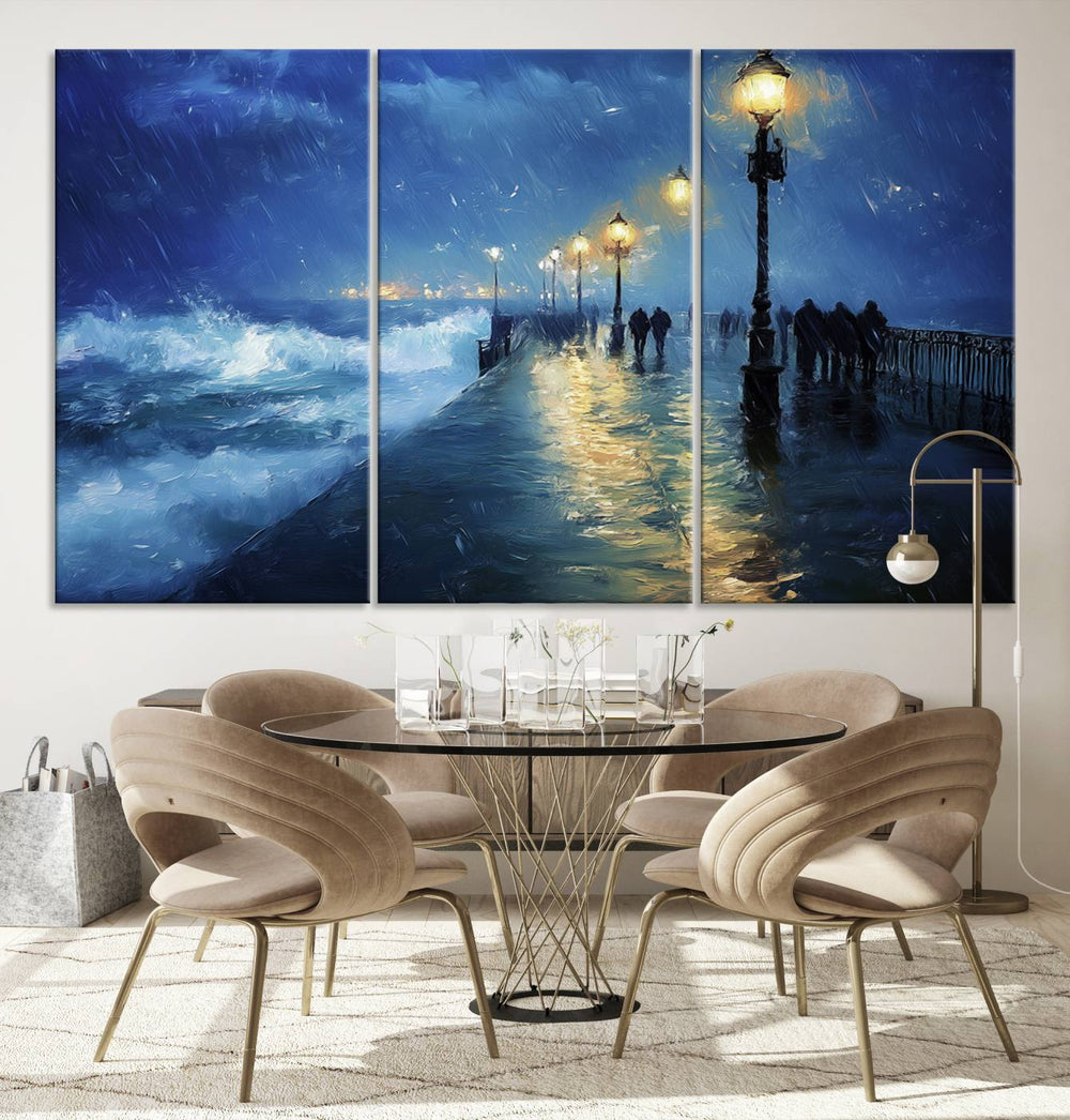 The Storm Ocean Pier Canvas Wall Art Print features a moody night scene.