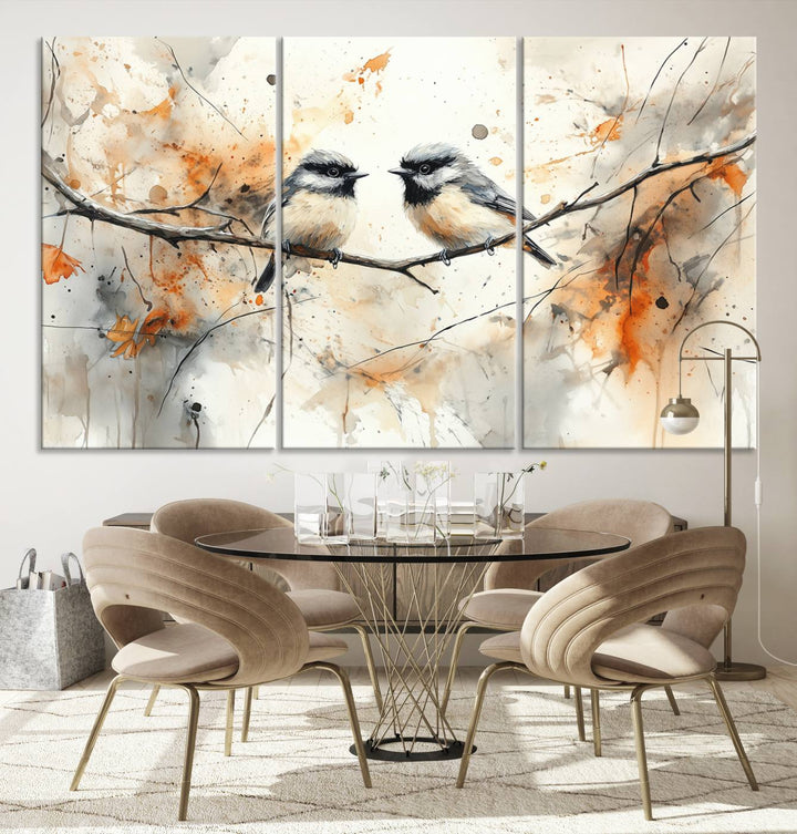 Abstract Watercolor Chickadee Bird Canvas Wall Art Print - Large Bird and Branch Wall Art, Modern Wildlife Wall Decor