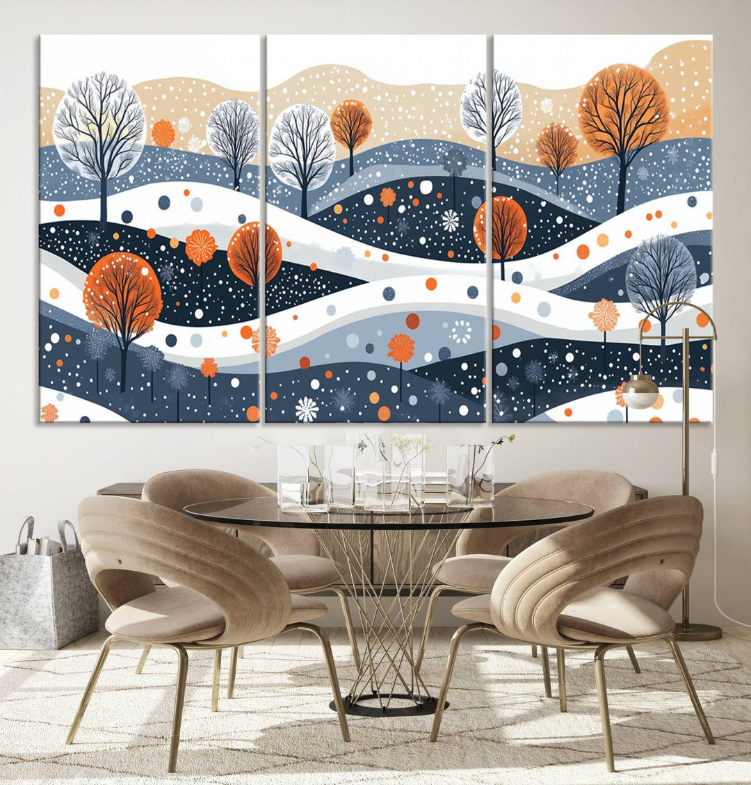 The "Abstract Winter Landscape Canvas Wall Art Print," featuring a triptych of landscapes with trees and hills in vibrant orange, white, and blue hues, adds a gallery-quality finish that transforms the space into an art lover's dream.