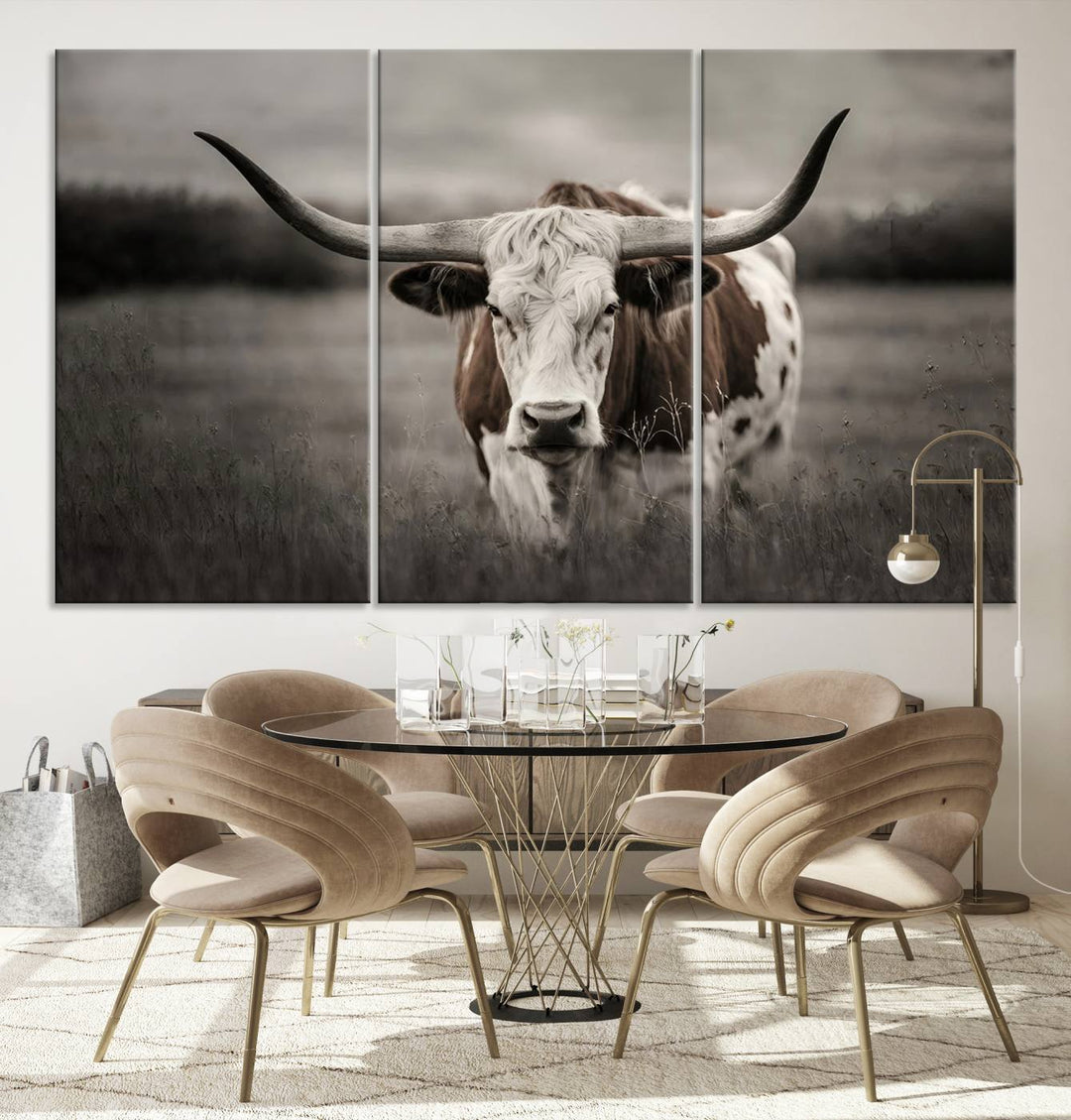 The Texas Longhorn Cow Canvas Wall Art Print adds a rustic touch to a living room.