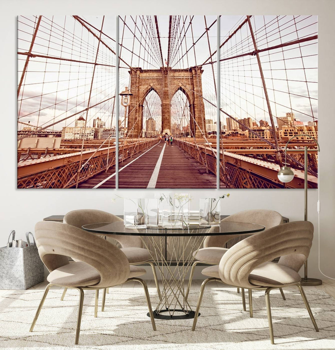 The three-panel "Wall Art New York Manhattan Cityscape Canvas Print" of the Brooklyn Bridge makes an ideal addition to minimalist interiors, capturing the essence of abstract expressionism.