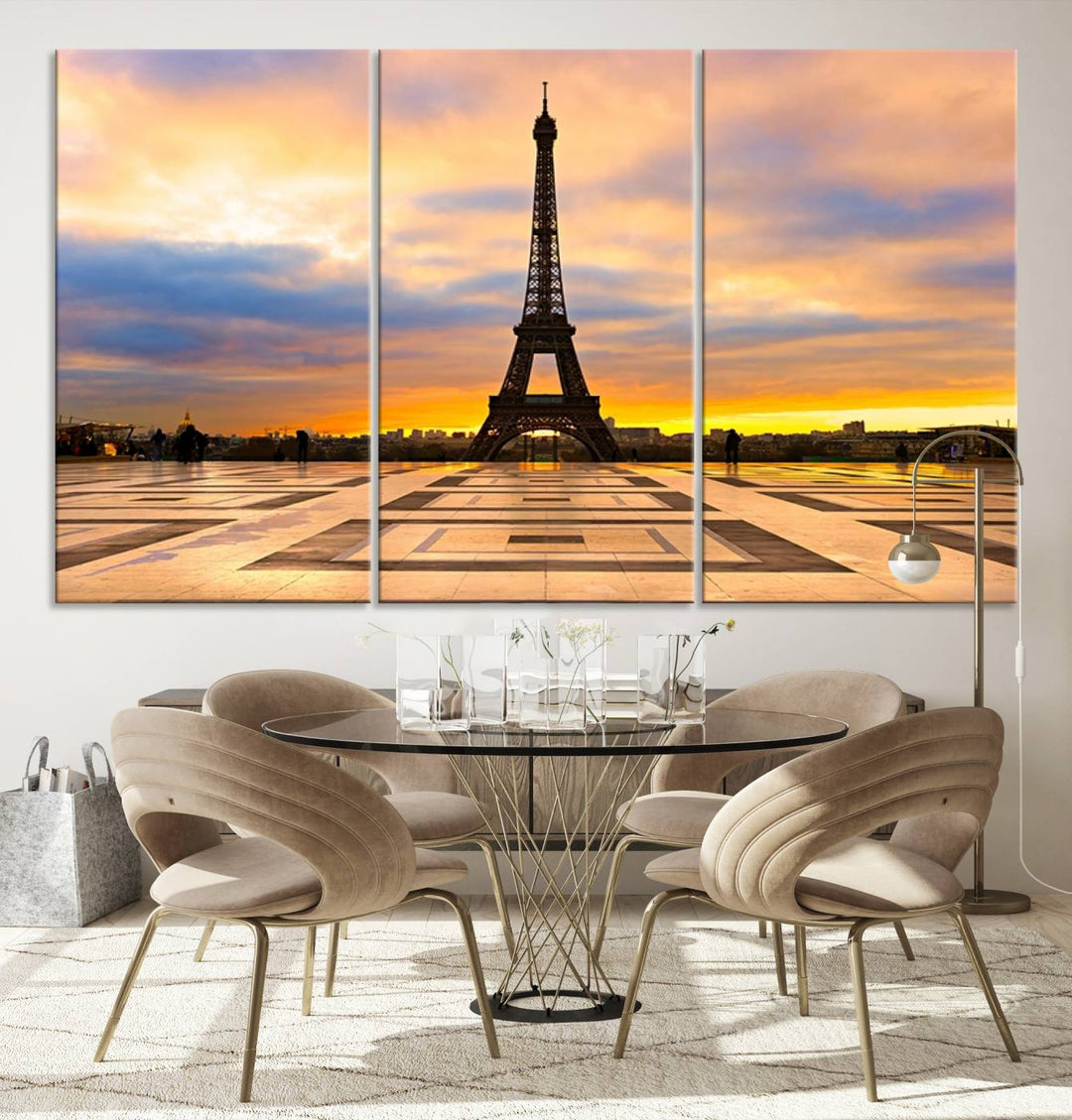 The "Paris Eiffel Tower Wall Art Canvas Prints" graces a wooden wall reminiscent of abstract expressionism.