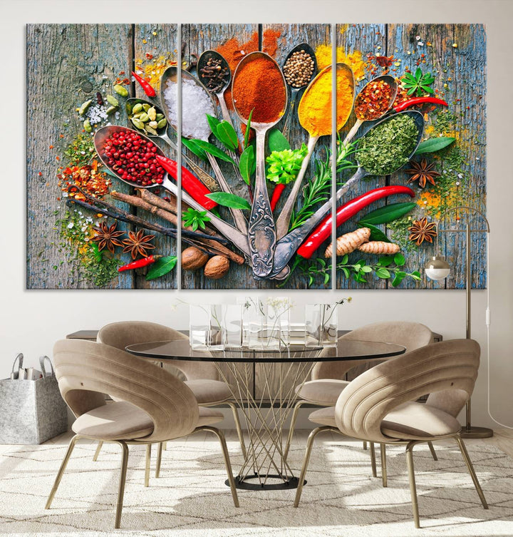 Vibrant Spoonful of Spices kitchen wall art canvas, a culinary triptych ideal for any dining room decor.