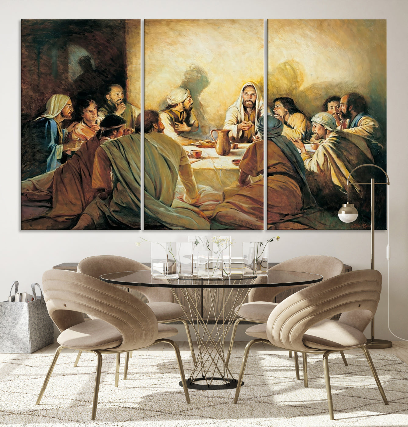 Framed canvas print of the Last Supper, depicting Jesus and his disciples, perfect for religious or Christian-themed home decor.