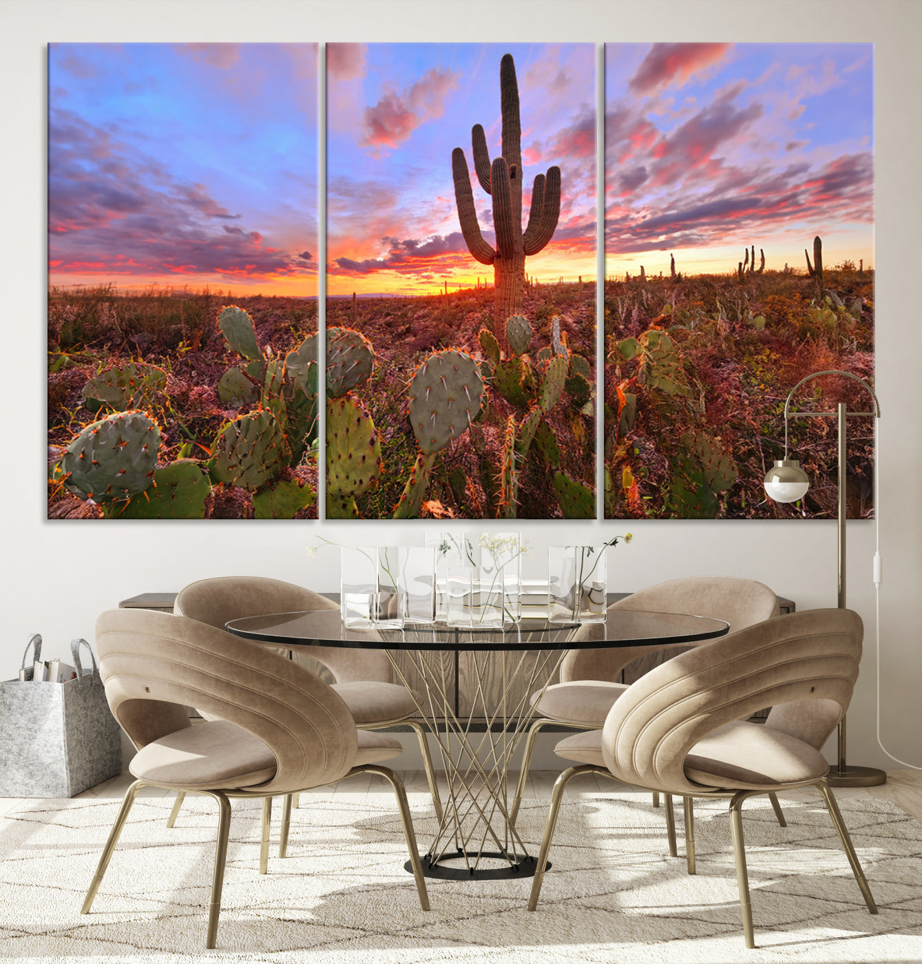 The Arizona Desert Sunset Wall Art Canvas Print hangs prominently.