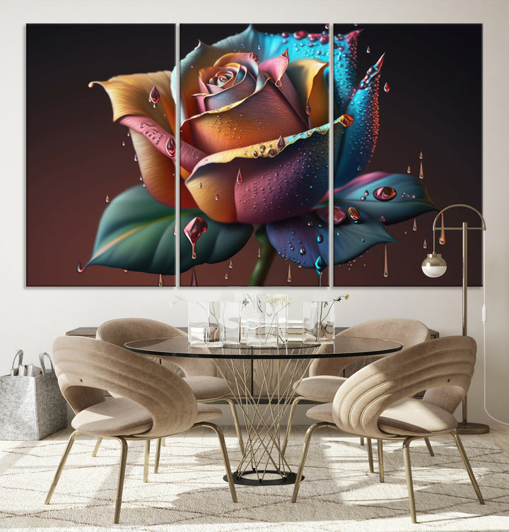 The Abstract Rose Wall Art Canvas Print displays a rose with droplets.