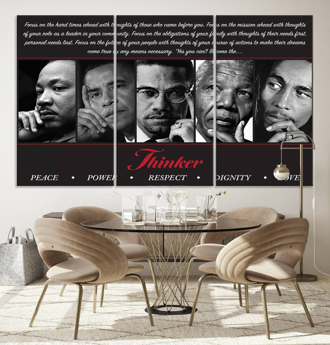 The wall art is a black and white piece featuring iconic figures accompanied by the words Thinker Peace Power Respect Dignity.