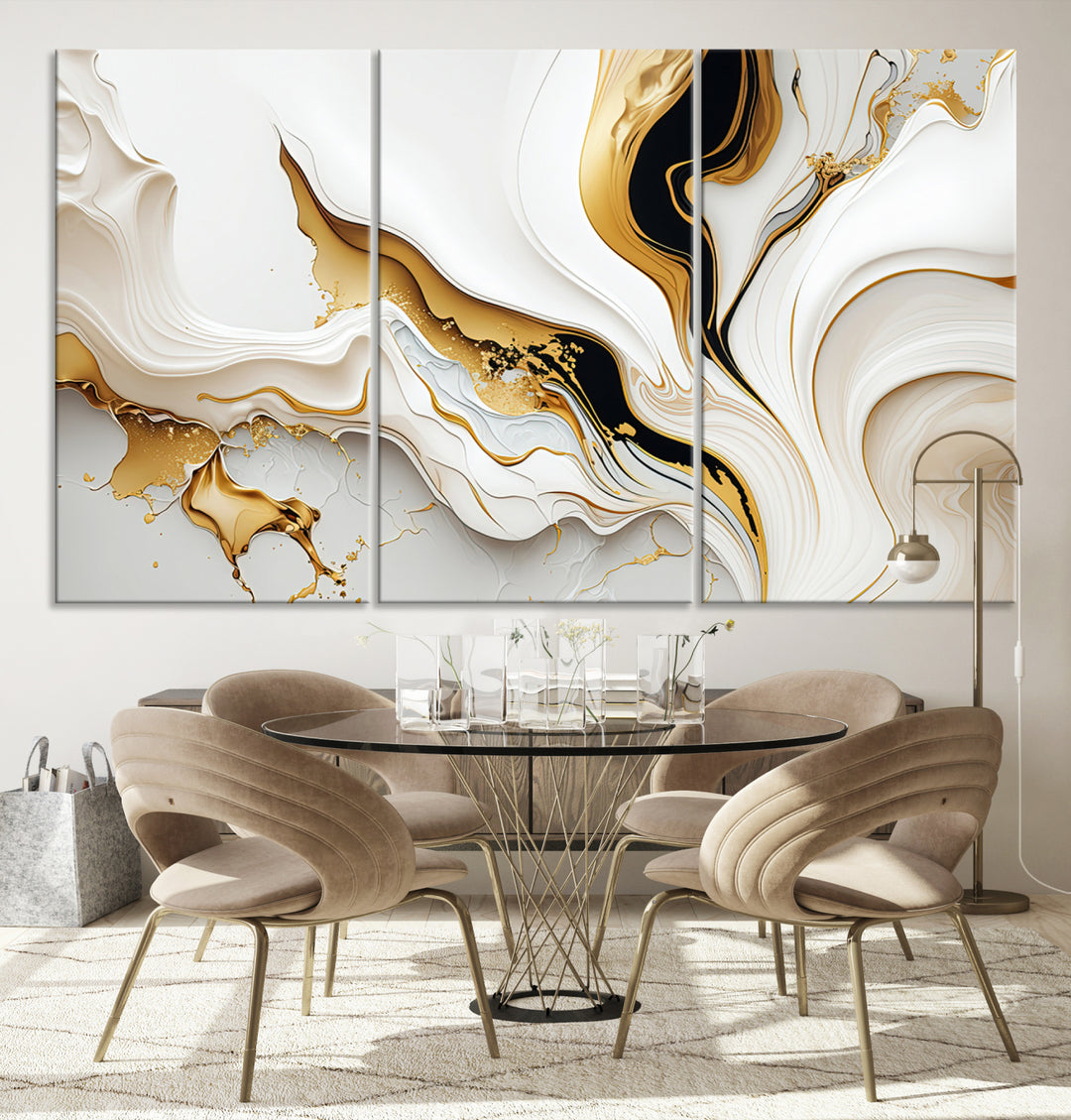 Modern interiors showcase Gold Waves on Pure White Canvas.