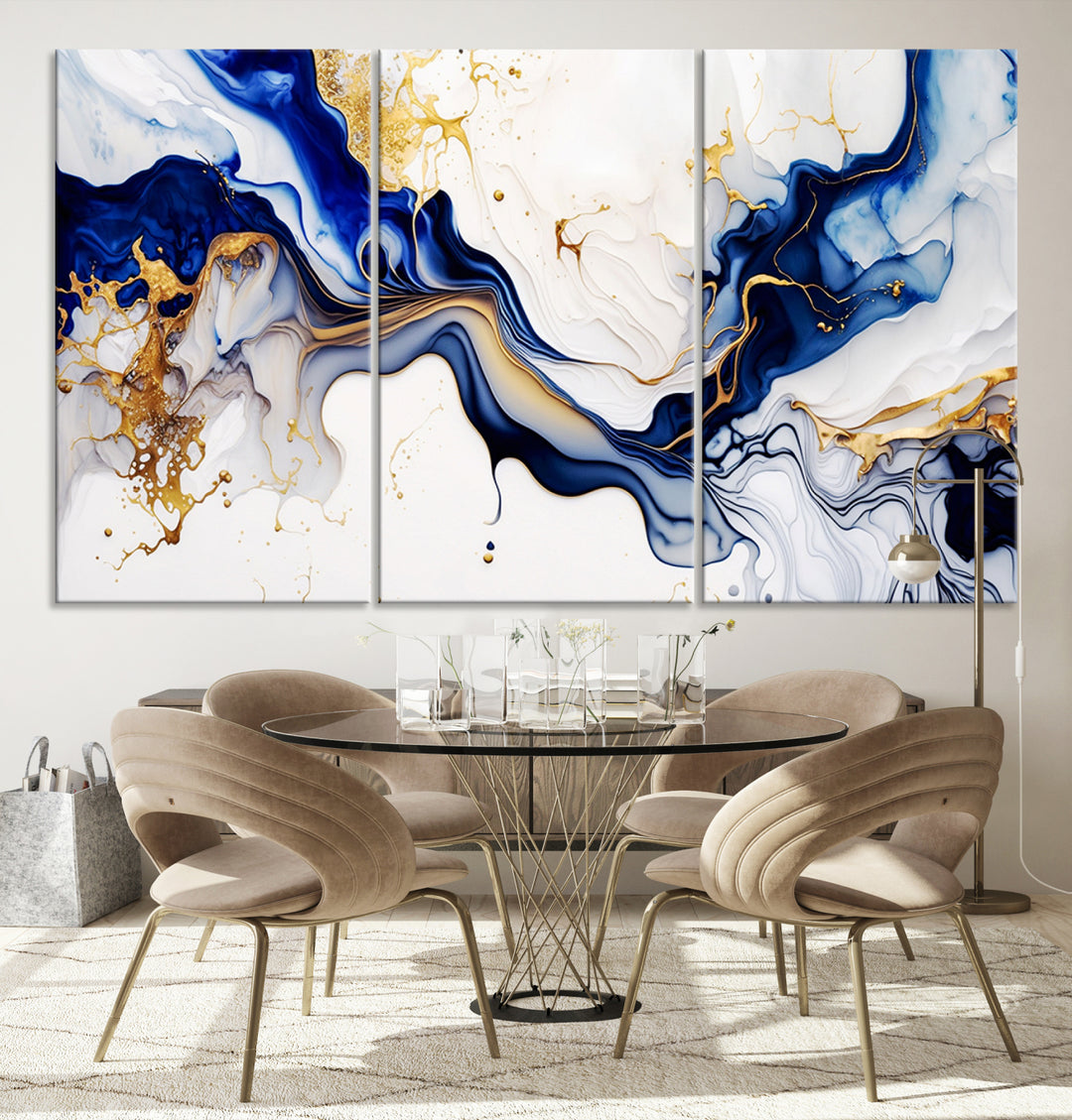 Golden Cascades on Midnight Blue wall art swirls above, featuring gold and white accents.