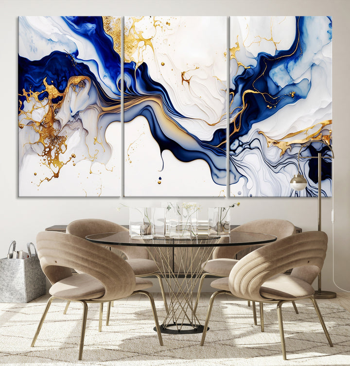 Golden Cascades on Midnight Blue wall art swirls above, featuring gold and white accents.