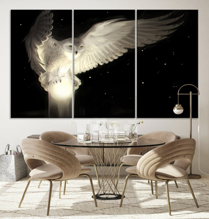 The Night Owl Art graces the wall with its depiction of a snowy owl on a glowing orb, perfect for modern decor.