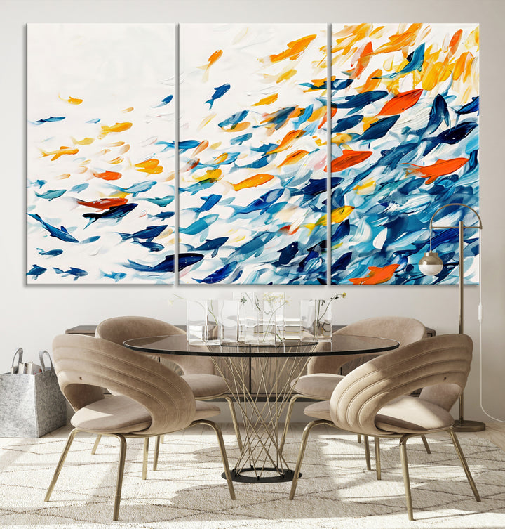 A colorful Abstract Fish Shoal Canvas Print hangs on the wall.