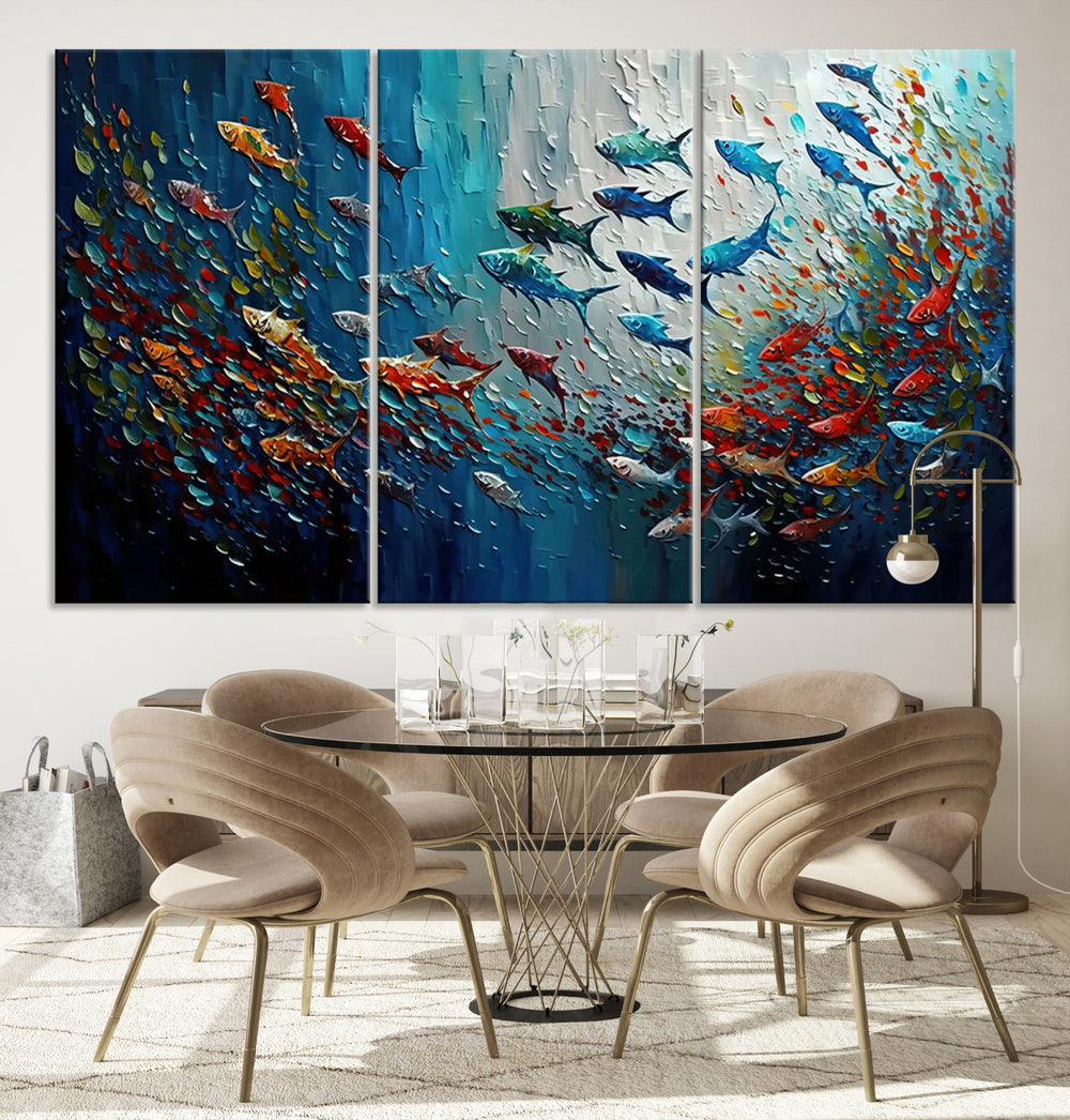 Modern Abstract Fish Shoal Wall Art features blue, red, and orange fish.