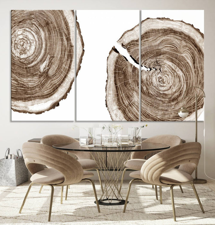 Wood Tree Ring Wall Art on a minimalist black and white canvas.