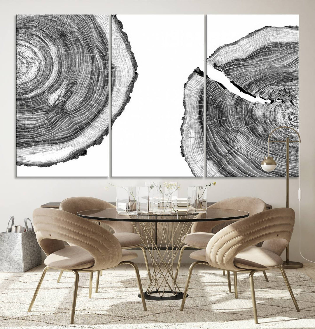 The minimalist art piece Abstract Large Tree Rings on canvas creates a striking focal point.