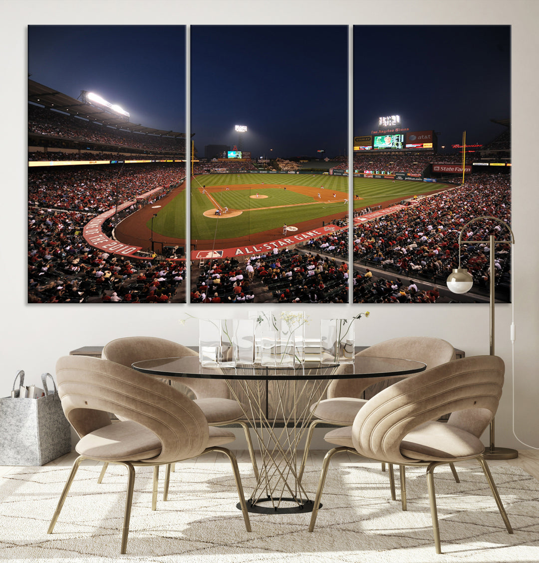 Aerial view of an LA Angels game at night, captured as stunning wall art on premium canvas, handmade in the USA.