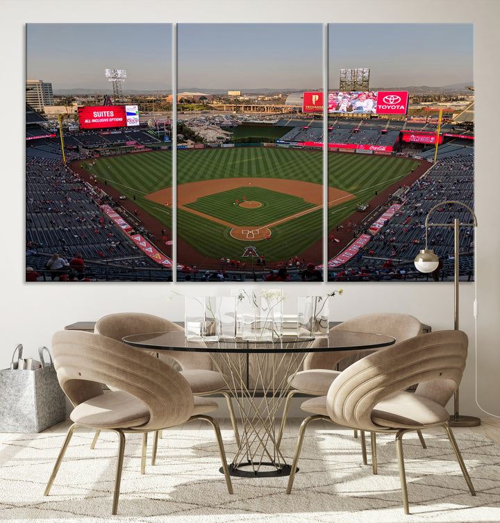 Aerial view of Angel Stadium, perfect as gallery-quality wall art - Los Angeles Angels Canvas Print.