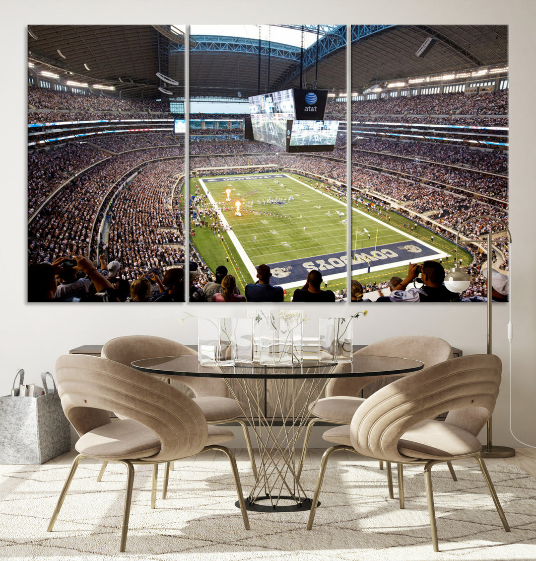 The wall art is a Dallas Cowboys AT&T Stadium Canvas Print, showcasing the iconic logo.