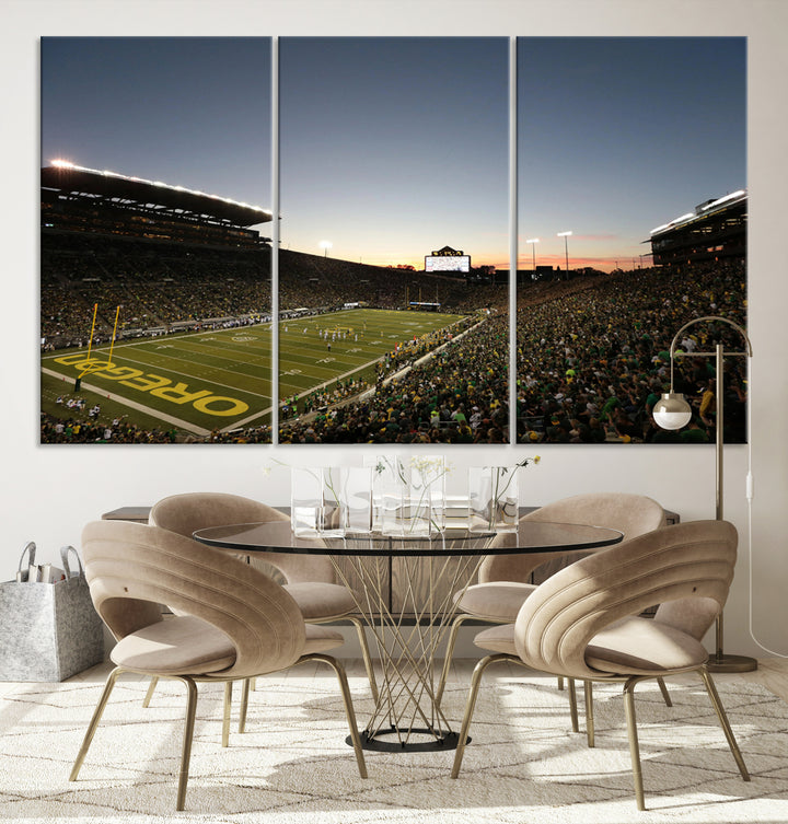 Canvas artwork depicting an Oregon Ducks football game at Autzen Stadium, capturing a sunset and packed stands.